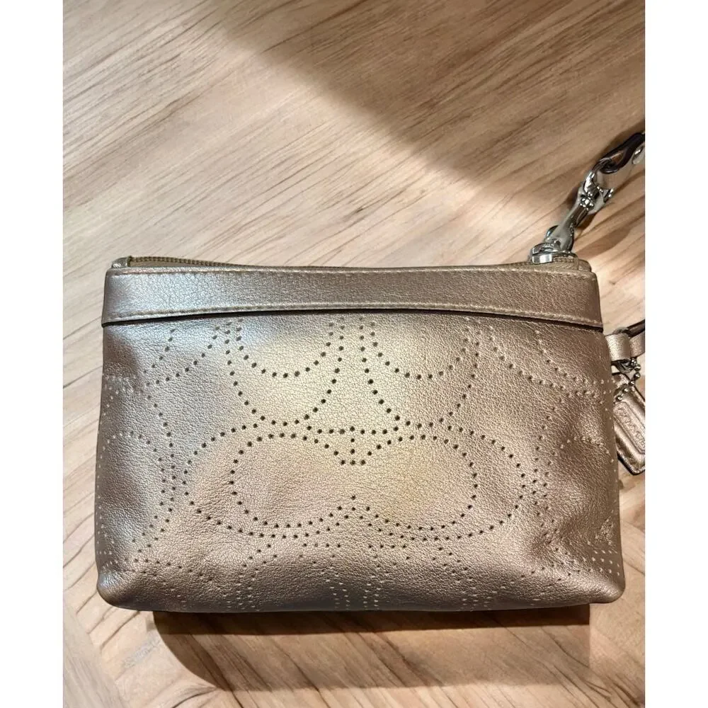 Coach Metallic Bronze Leather Perforated Wristlet